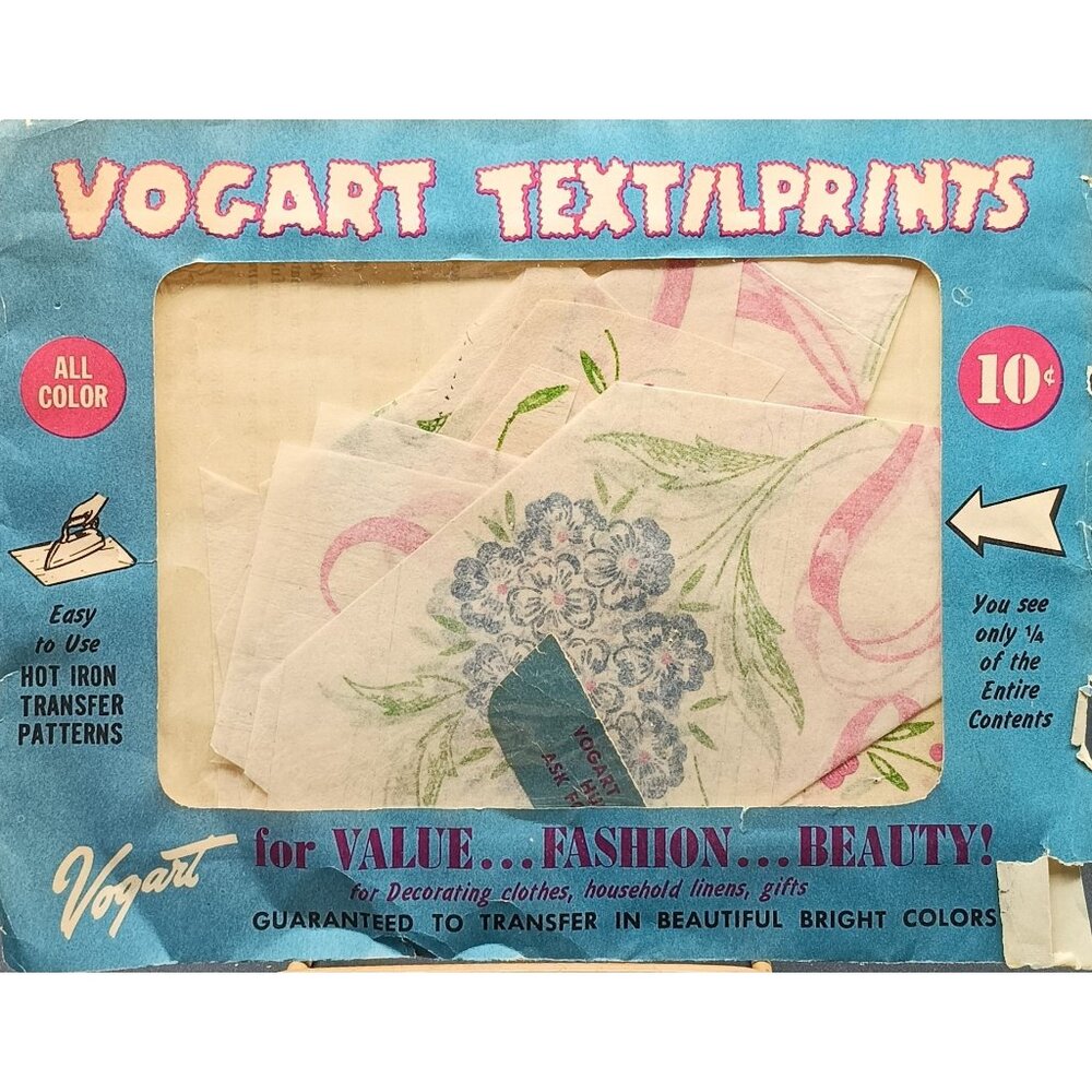 Vintage Transfer Pattern Sheet with Flowers and Ribbons Illustrations Vogart Tex